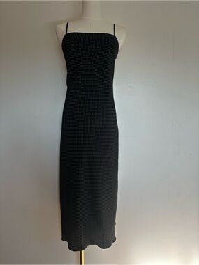 VTG 90s Black Polka Dot Slip Dress Midi Square Neck Grunge Alt Goth Corporate M